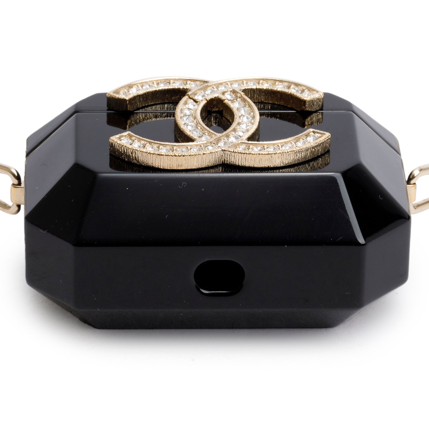 Chanel 2021 Black Resin Crystal CC Faux Pearl Airpod Holder Necklace w/ Box