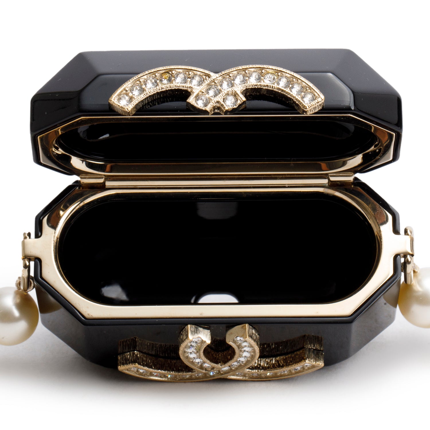 Chanel 2021 Black Resin Crystal CC Faux Pearl Airpod Holder Necklace w/ Box