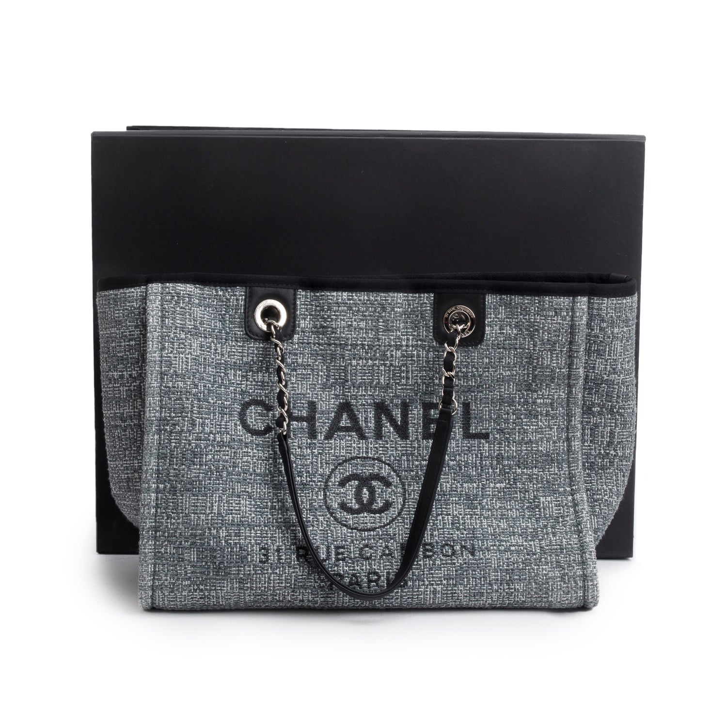 Chanel Grey Tweed Small Deauville Shopping Tote w/ Box & Authenticity Card