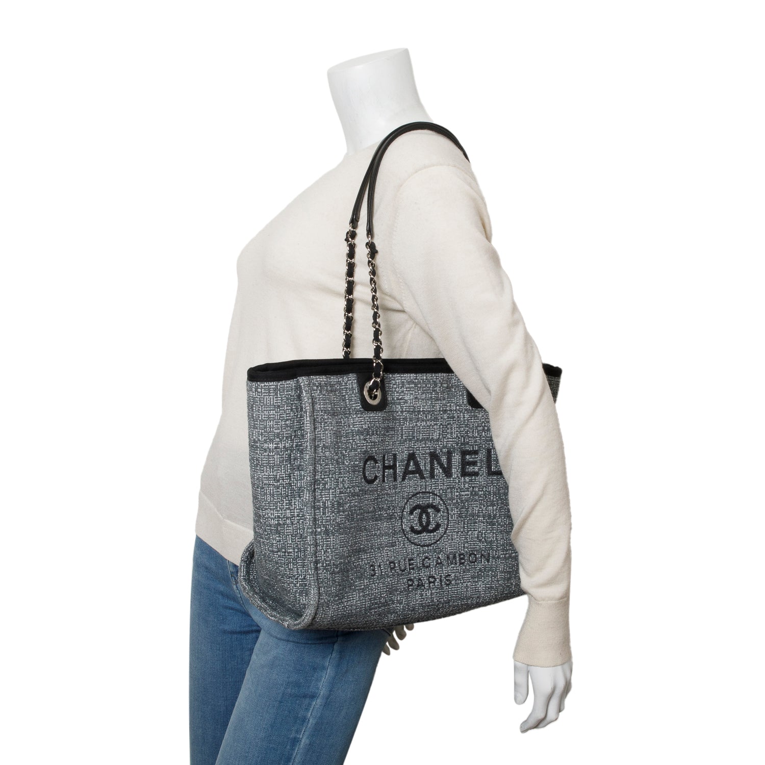 Chanel Grey Tweed Small Deauville Shopping Tote w/ Box & Authenticity Card