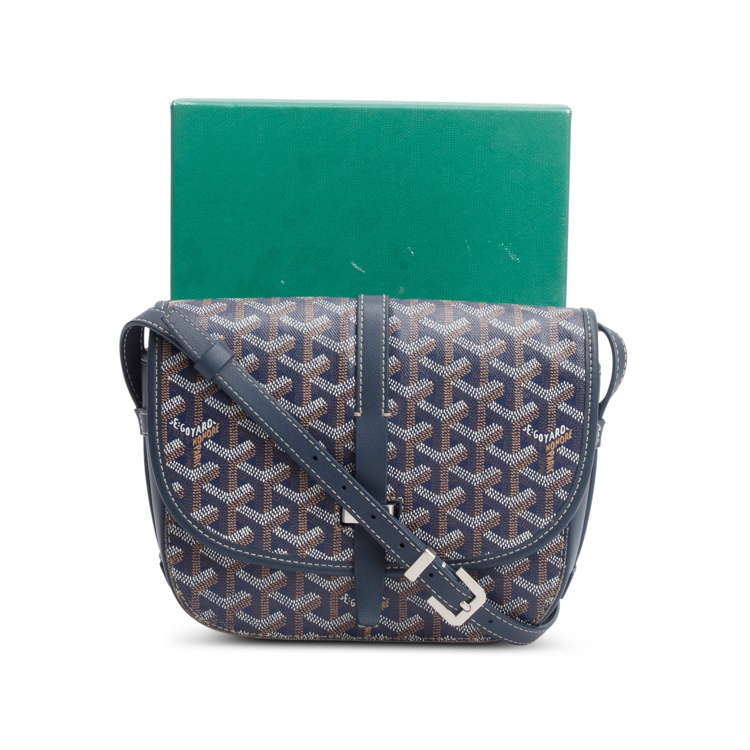 Goyard 2022 Blue Leather & Monogram Canvas Belvedere II PM Crossbody Bag w/ Box