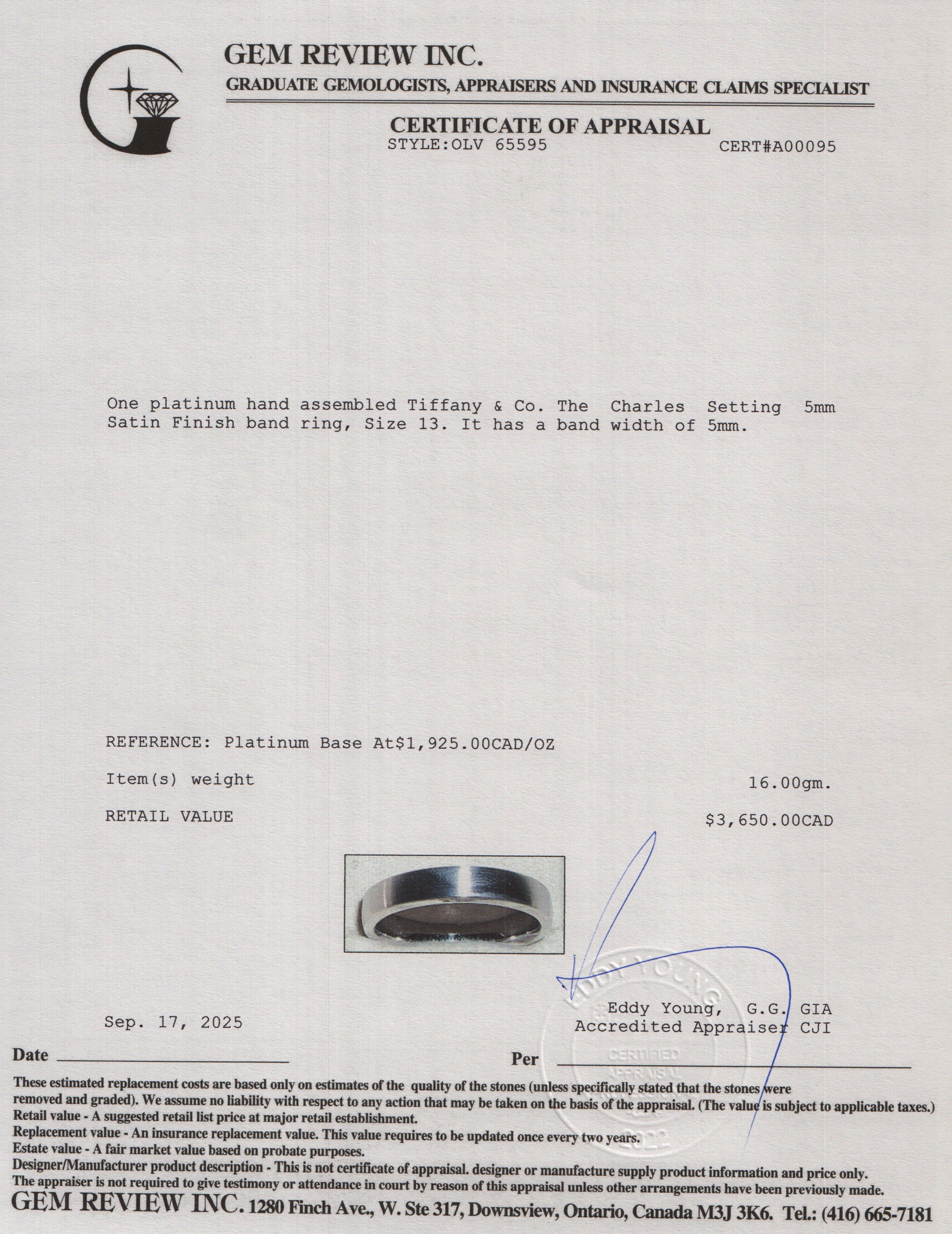 Tiffany & Co. The Charles Setting Platinum 5 MM Satin Finish Ring, Size 13