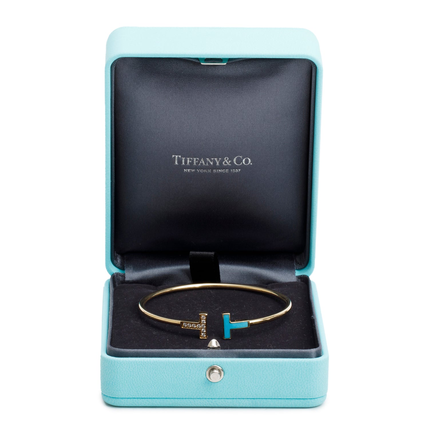 Tiffany & Co. 18k Yellow Gold & Diamond Turquoise T Wire Bracelet w/ Box