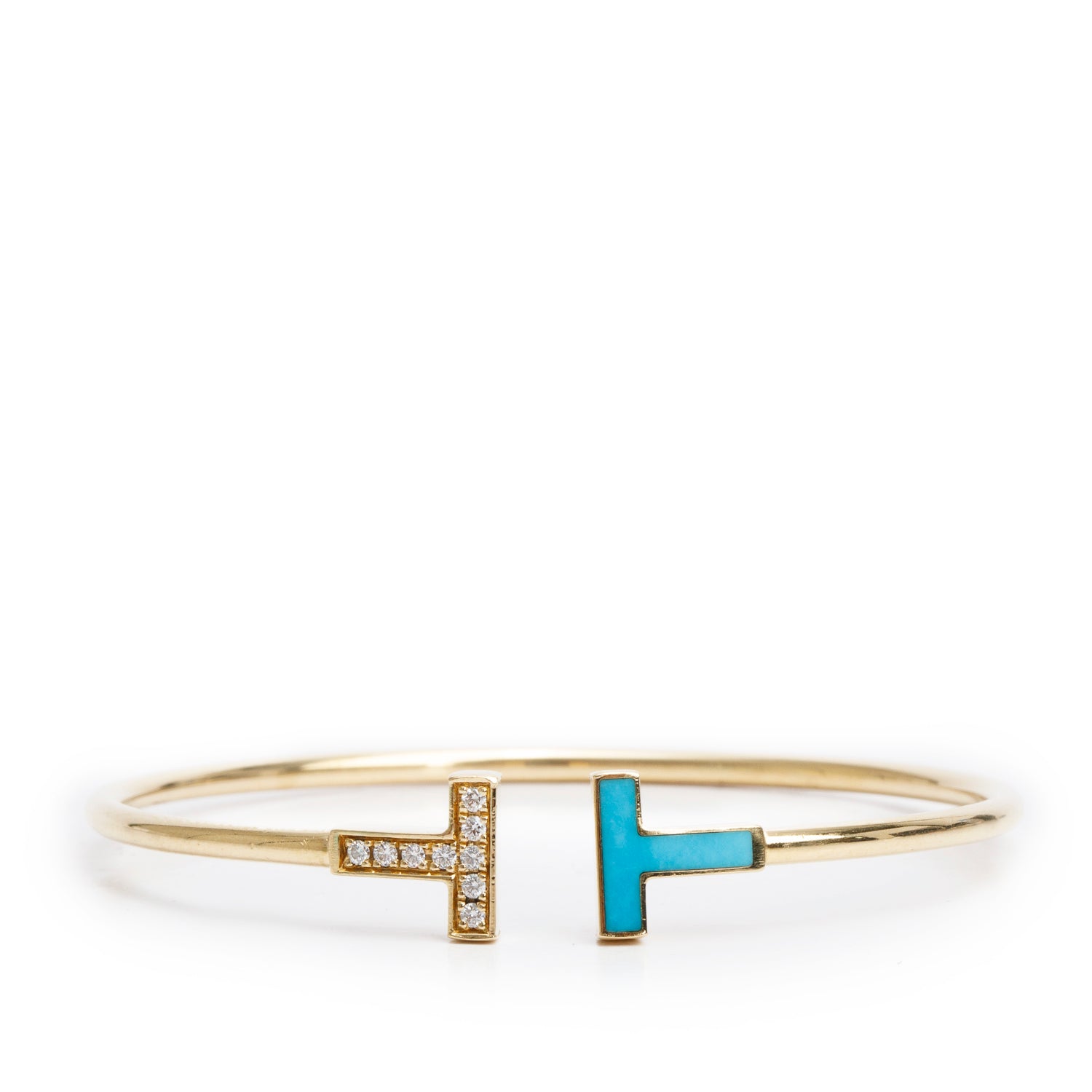Tiffany & Co. 18k Yellow Gold & Diamond Turquoise T Wire Bracelet w/ Box