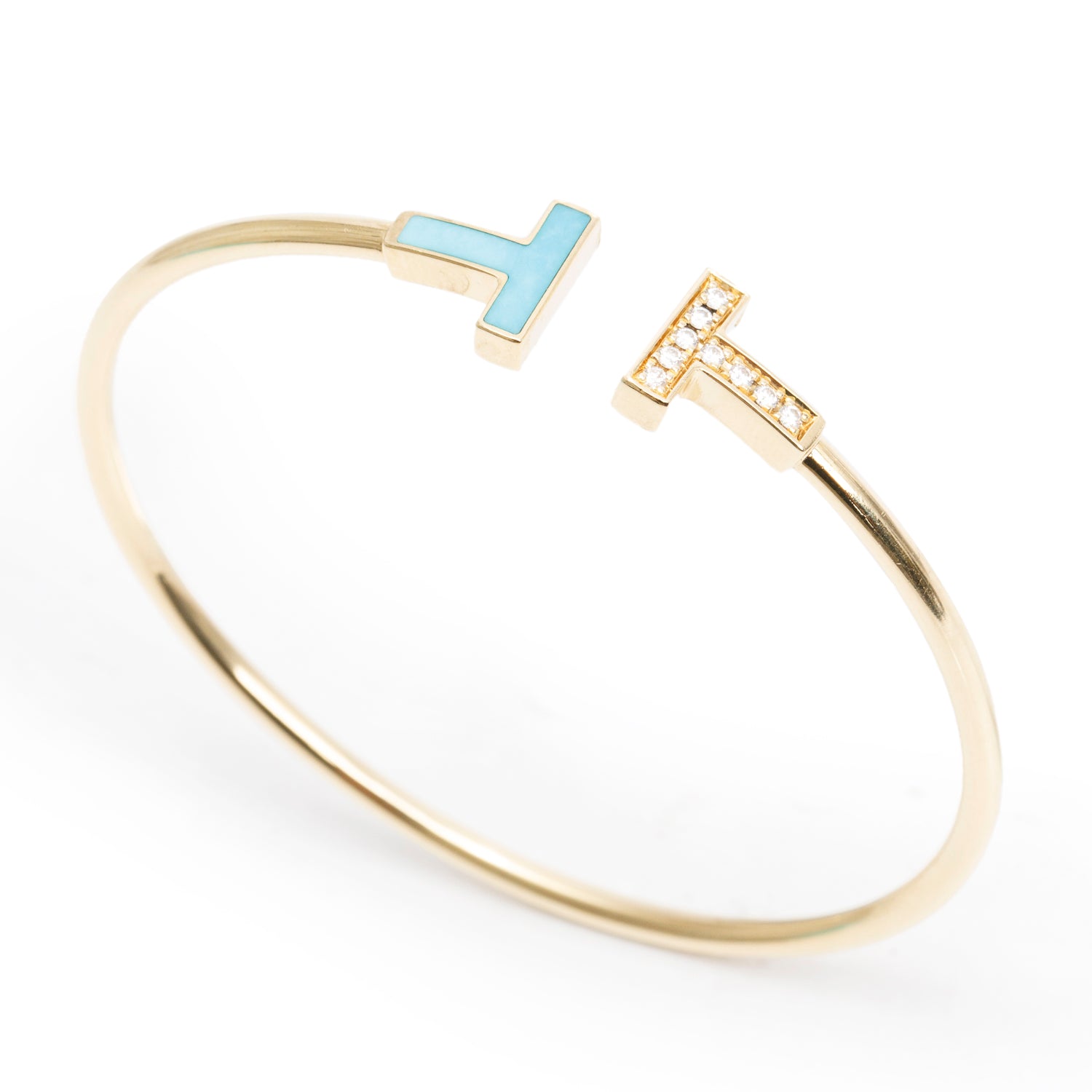Tiffany & Co. 18k Yellow Gold & Diamond Turquoise T Wire Bracelet w/ Box