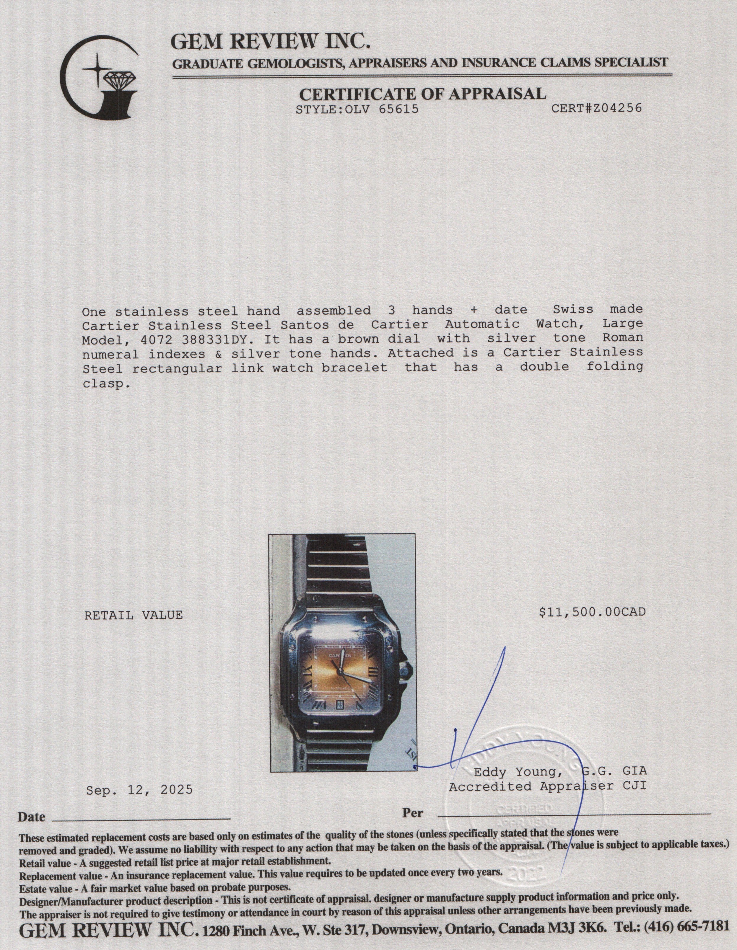 Cartier Stainless Steel Santos de Cartier Automatic Watch, Large Model Brown Dial 4072 w/ Box, Papers & Extra Strap