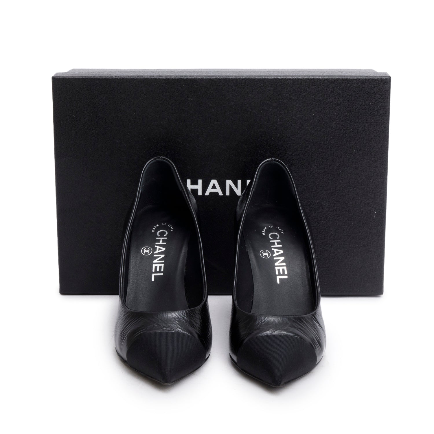 Chanel Black Goatskin Grosgrain Cap Toe Faux Pearl CC Pumps, Size 36 w/ Box
