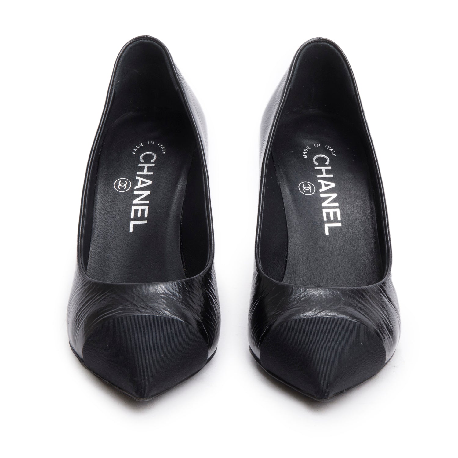 Chanel Black Goatskin Grosgrain Cap Toe Faux Pearl CC Pumps, Size 36 w/ Box