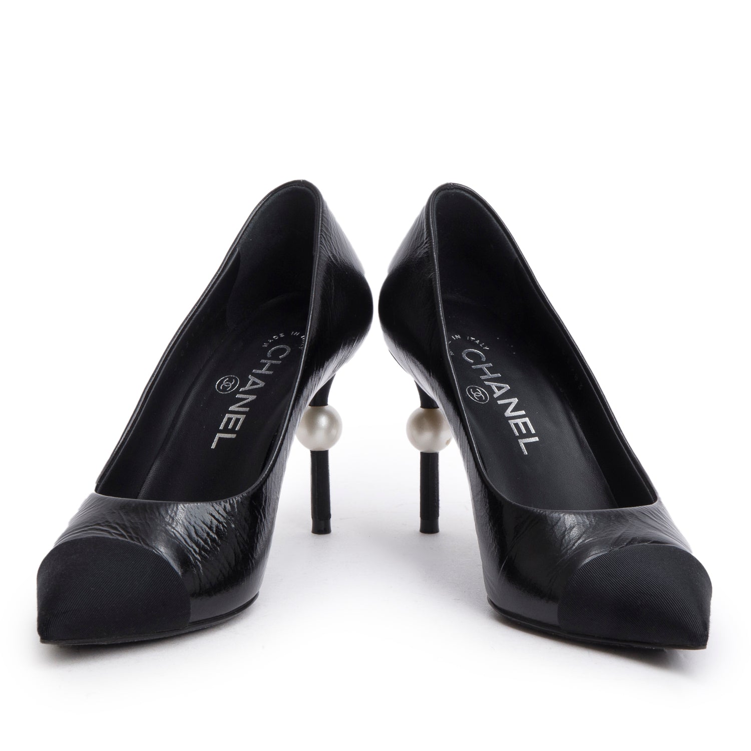 Chanel Black Goatskin Grosgrain Cap Toe Faux Pearl CC Pumps, Size 36 w/ Box