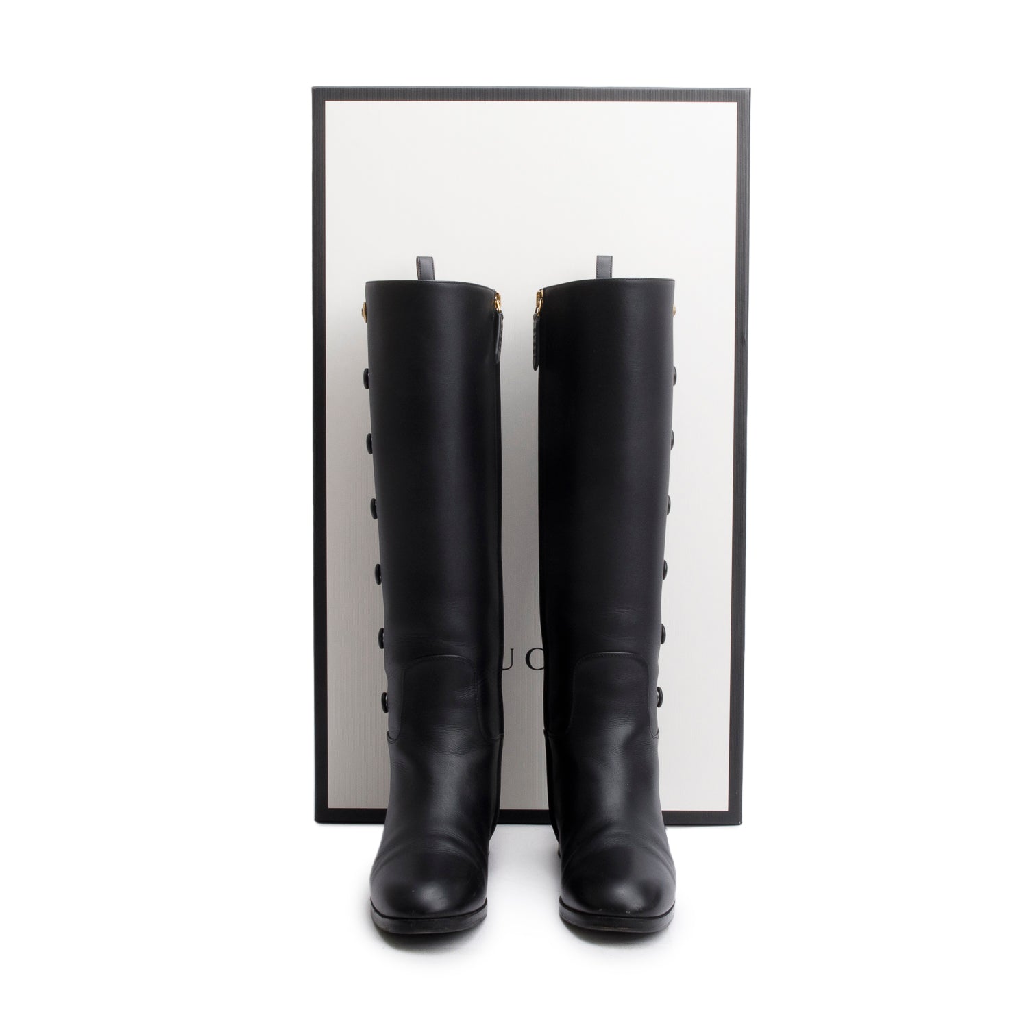 Gucci Black Calfskin Buttons Lifford Knee High Boots, Size 36 w/ Box