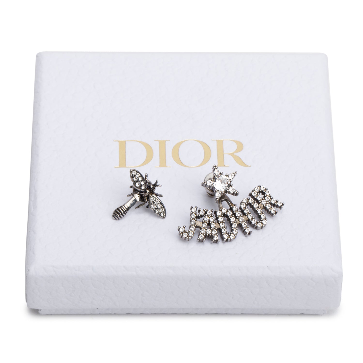 Christian Dior Palladium-Plated Crystal J'Adior Asymmetrical Bee Earrings w/ Box