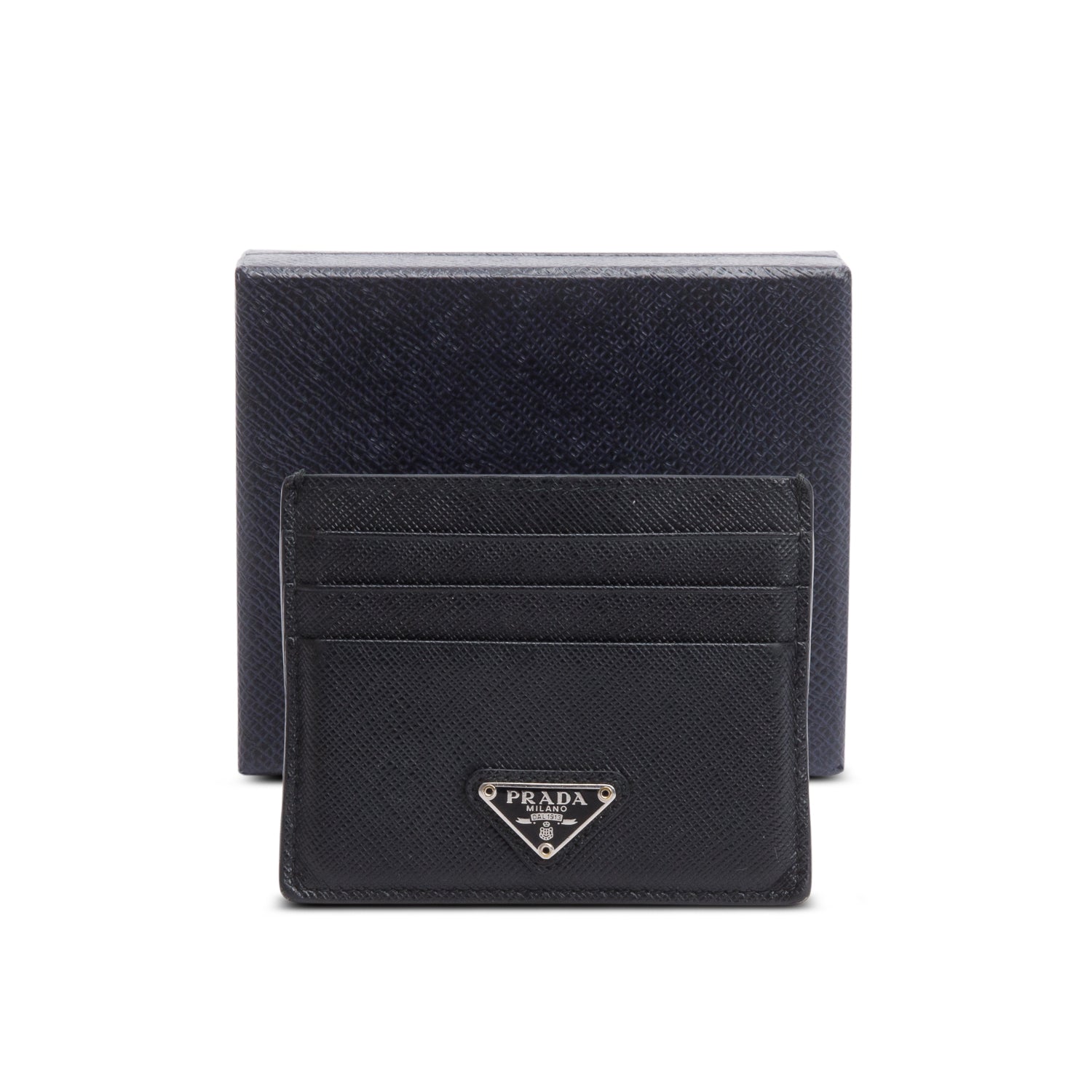 Prada 2020 Black Saffiano Leather Triangle Card Case w/ Box & Authenticity Card