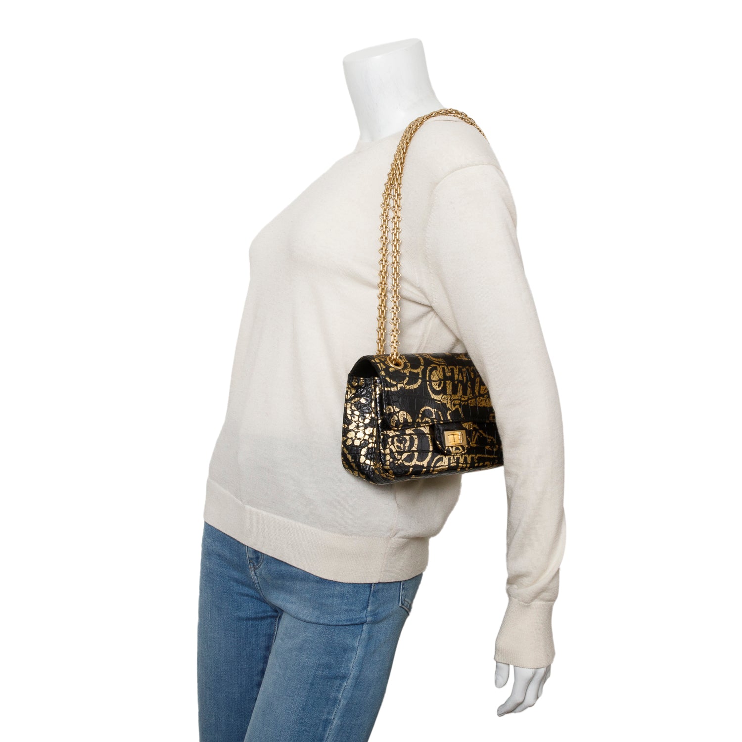 Chanel Black Calfskin Croc Embossed Grafitti 2.55 Mini Reissue Flap Bag w/ Box & Authenticity Card