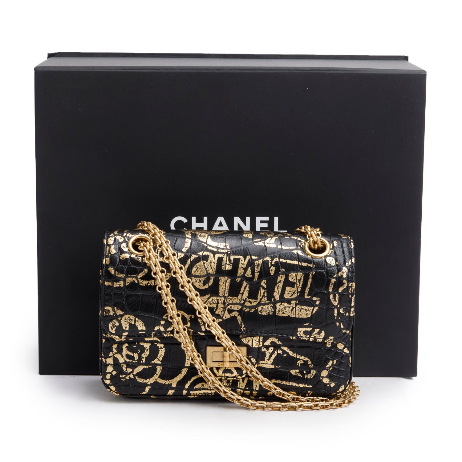 Chanel Black Calfskin Croc Embossed Grafitti 2.55 Mini Reissue Flap Bag w/ Box & Authenticity Card
