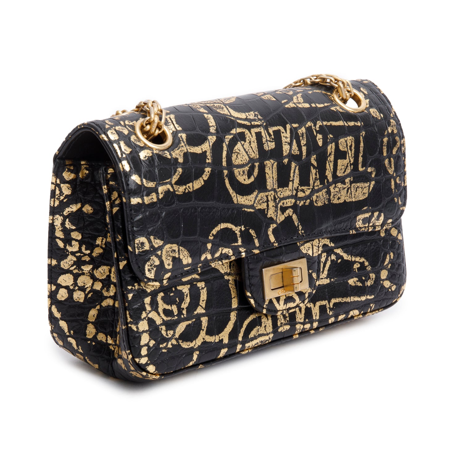 Chanel Black Calfskin Croc Embossed Grafitti 2.55 Mini Reissue Flap Bag w/ Box & Authenticity Card