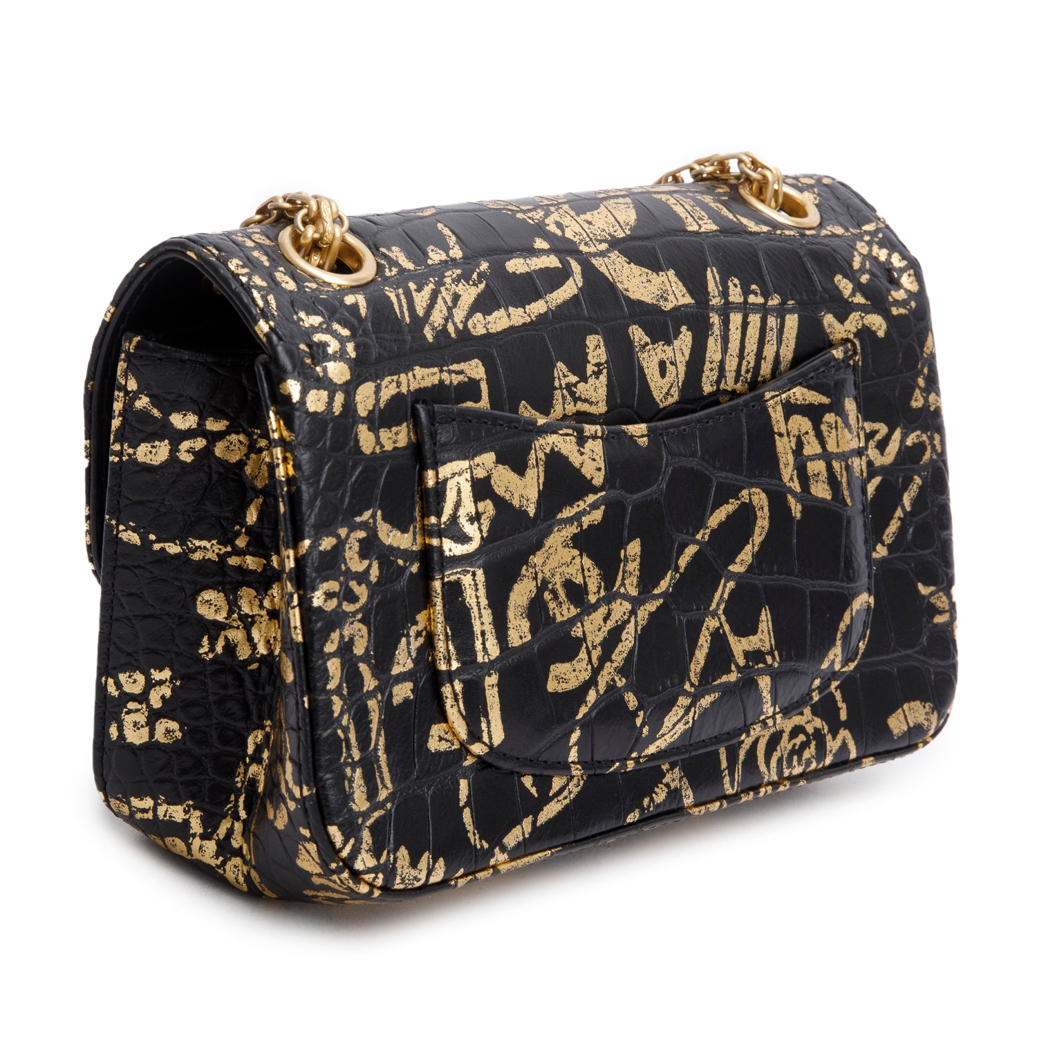 Chanel Black Calfskin Croc Embossed Grafitti 2.55 Mini Reissue Flap Bag w/ Box & Authenticity Card