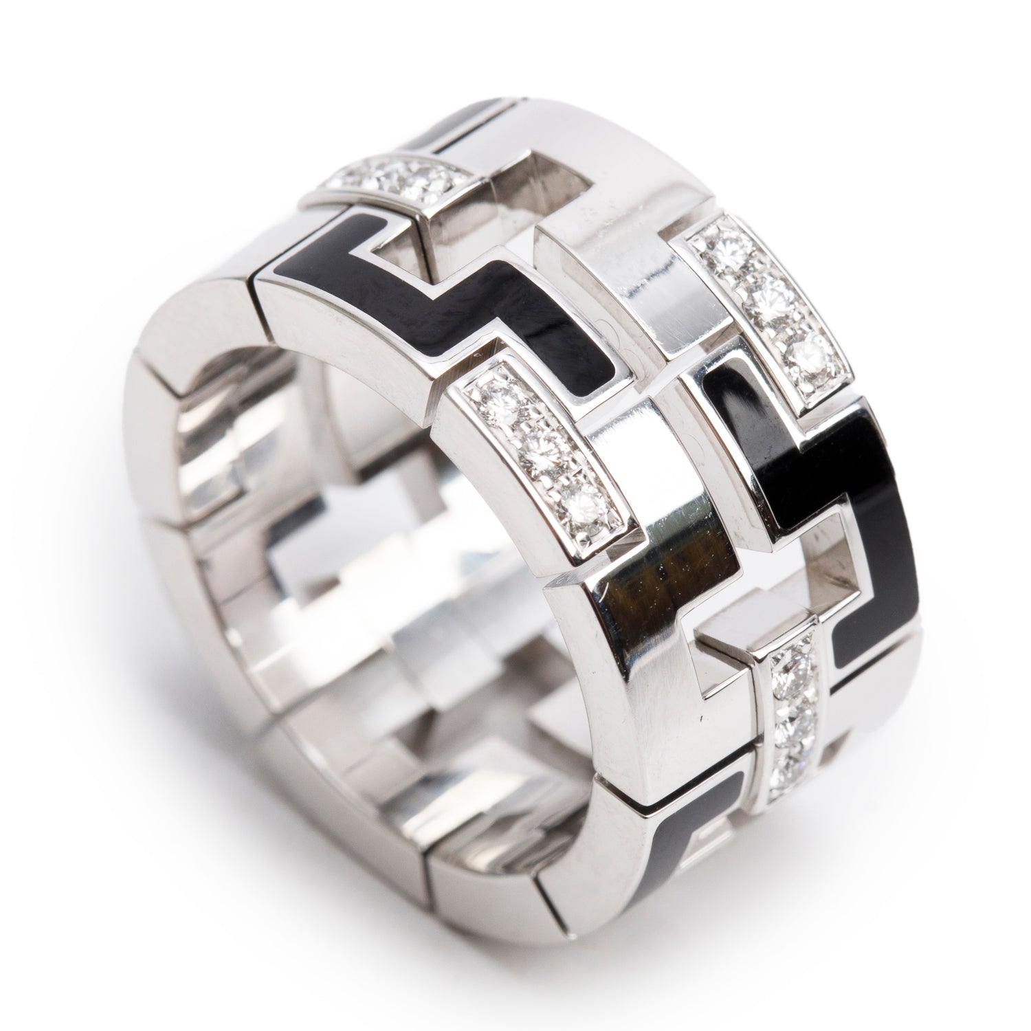 Cartier 18k White Gold Diamond Black Enamel Le Basier Du Dragon Ring, Size 52 6.25