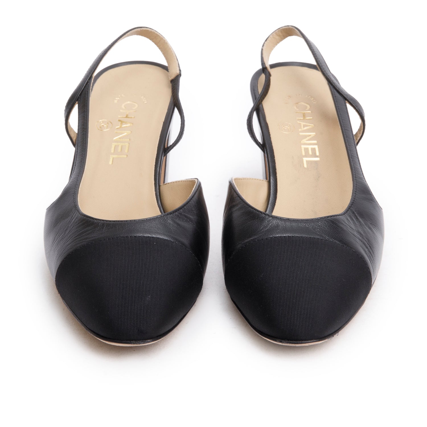 Chanel Black Goatskin & Grosgrain Cap Toe CC Slingback Pumps, Size 39.5