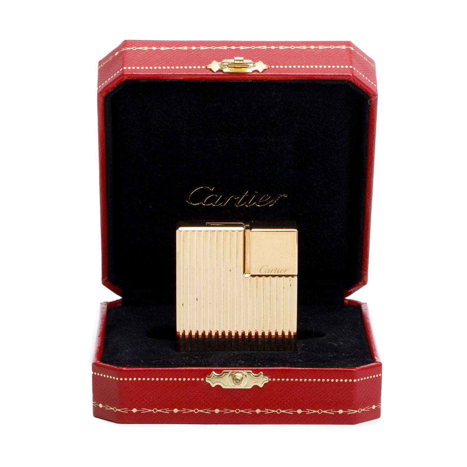 Cartier Gold-Plated Godron Decor Square Lighter w/ Box