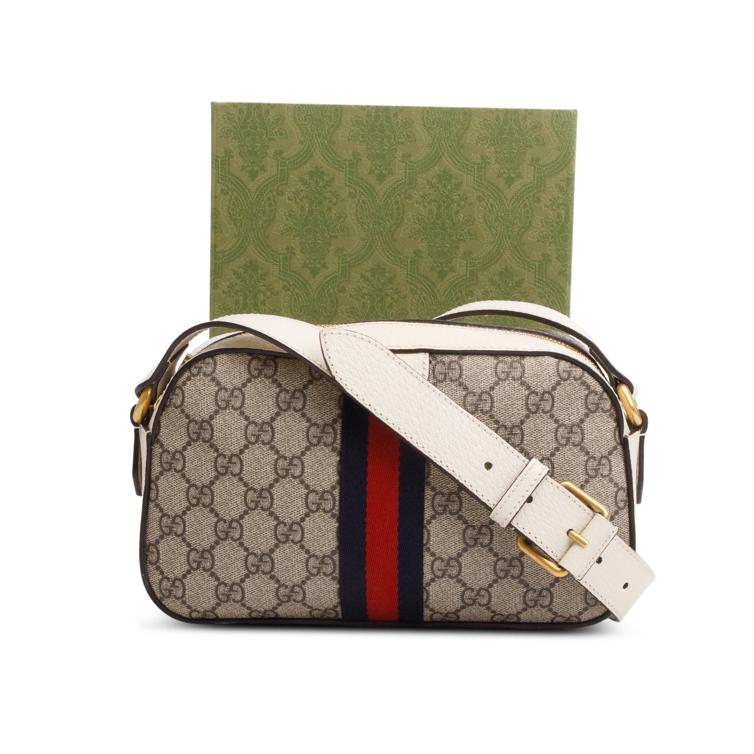 Gucci GG Supreme Monogram Textured Calfskin Web Small Ophidia Camera Bag w/ Box