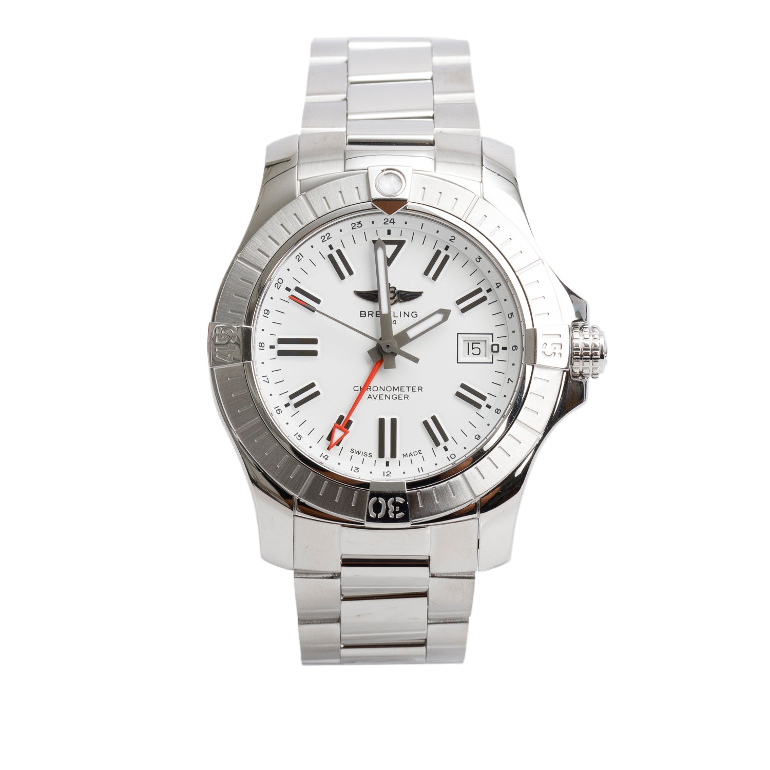 Breitling Stainless Steel Avenger 43 MM Automatic GMT Watch White Dial A32397 w/ Box & Papers