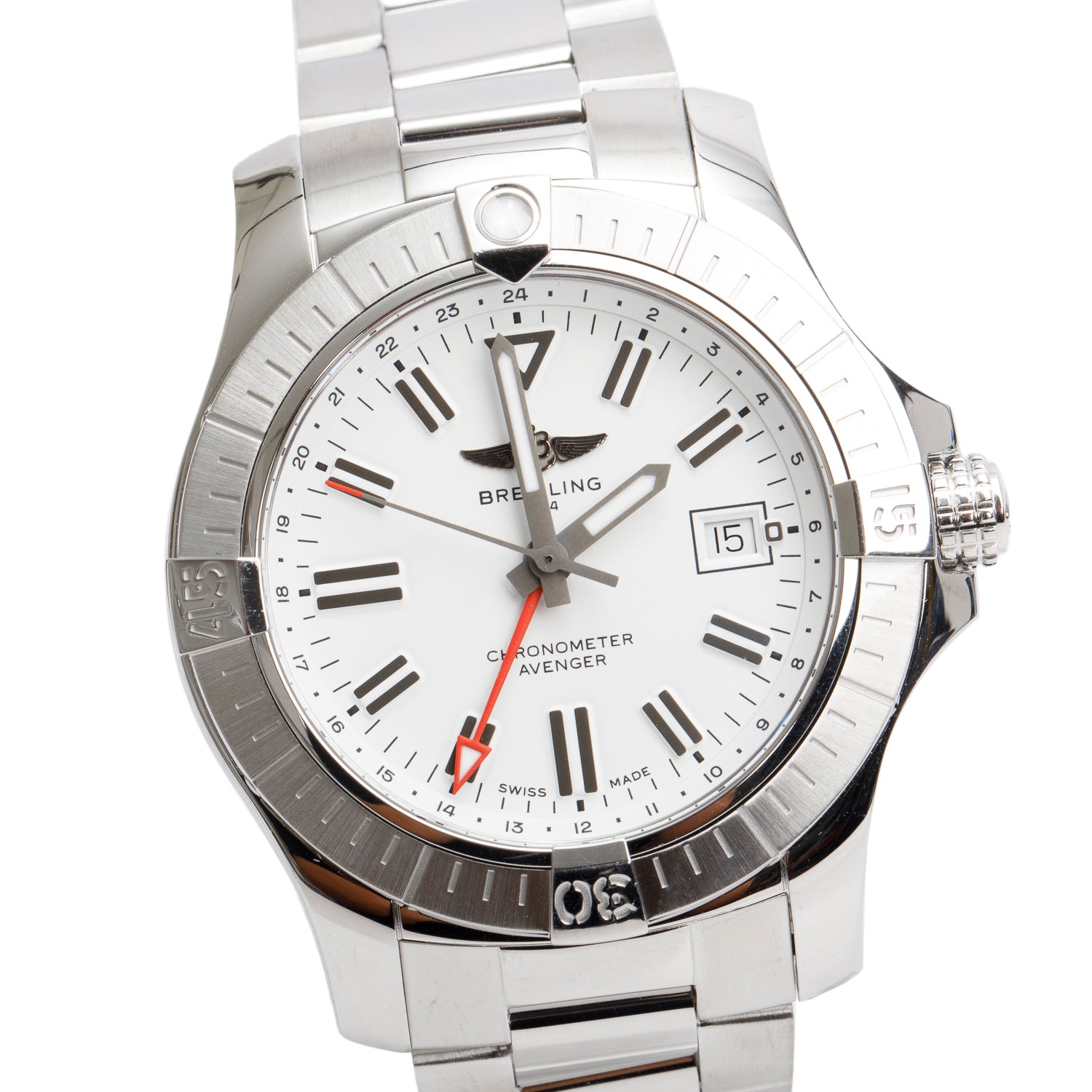 Breitling Stainless Steel Avenger 43 MM Automatic GMT Watch White Dial A32397 w/ Box & Papers
