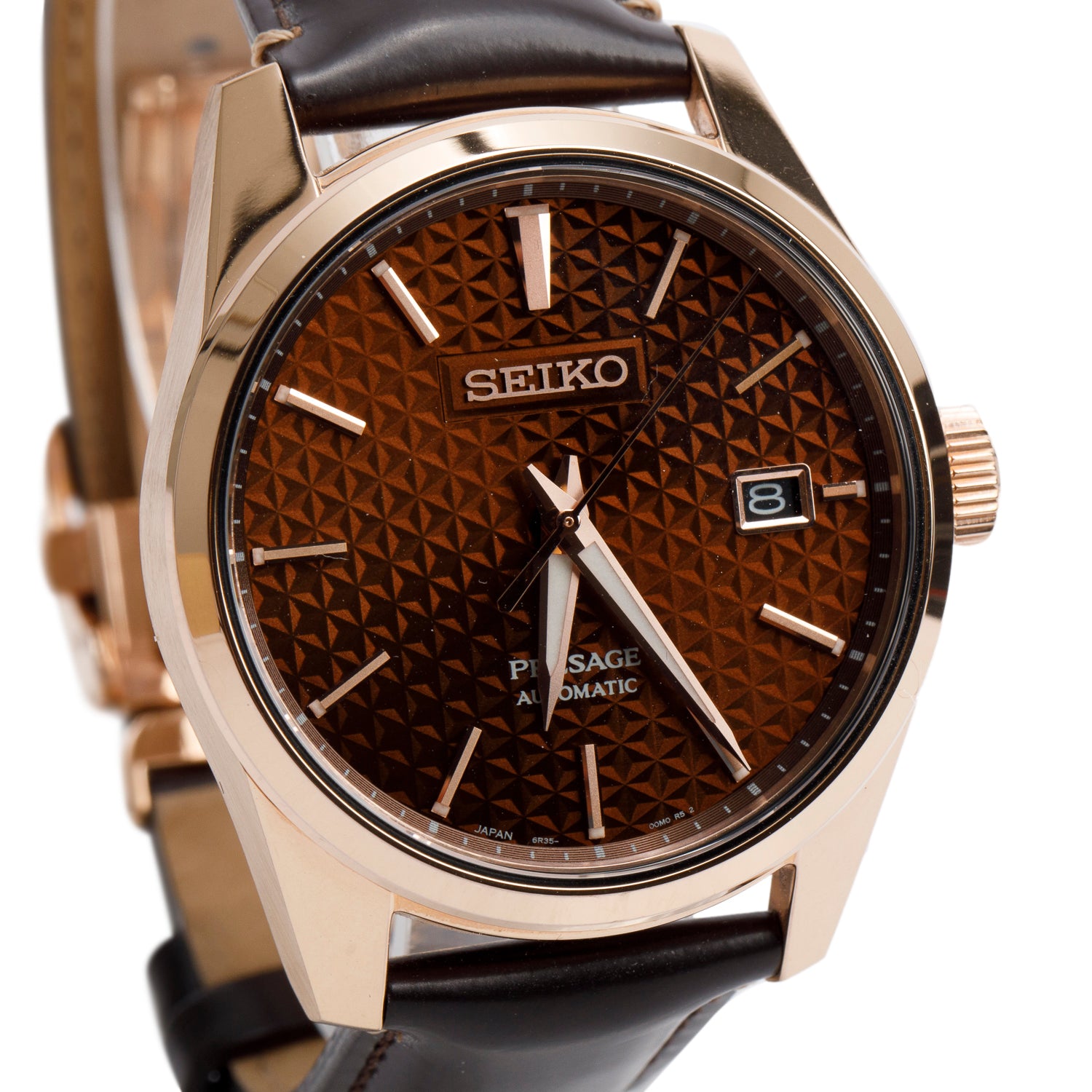 Seiko 2024 Rose Gold Plated Stainless Steel Presage Sharp Edged Series 39.3 MM Automatic Watch Brown Dial SPB170 w/ Box & Papers