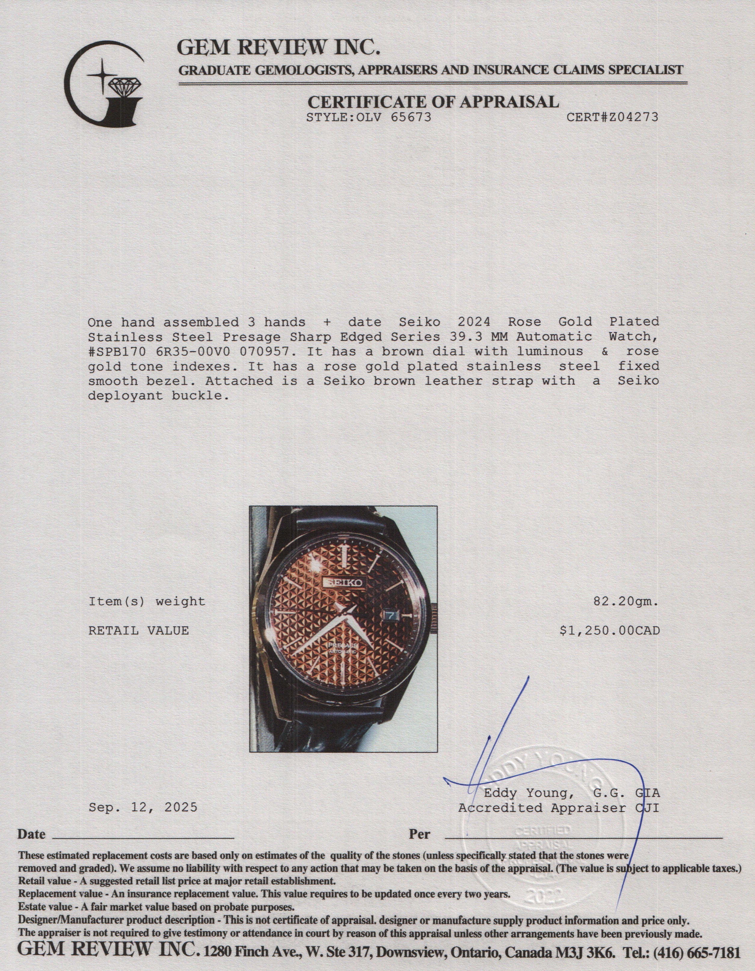 Seiko 2024 Rose Gold Plated Stainless Steel Presage Sharp Edged Series 39.3 MM Automatic Watch Brown Dial SPB170 w/ Box & Papers