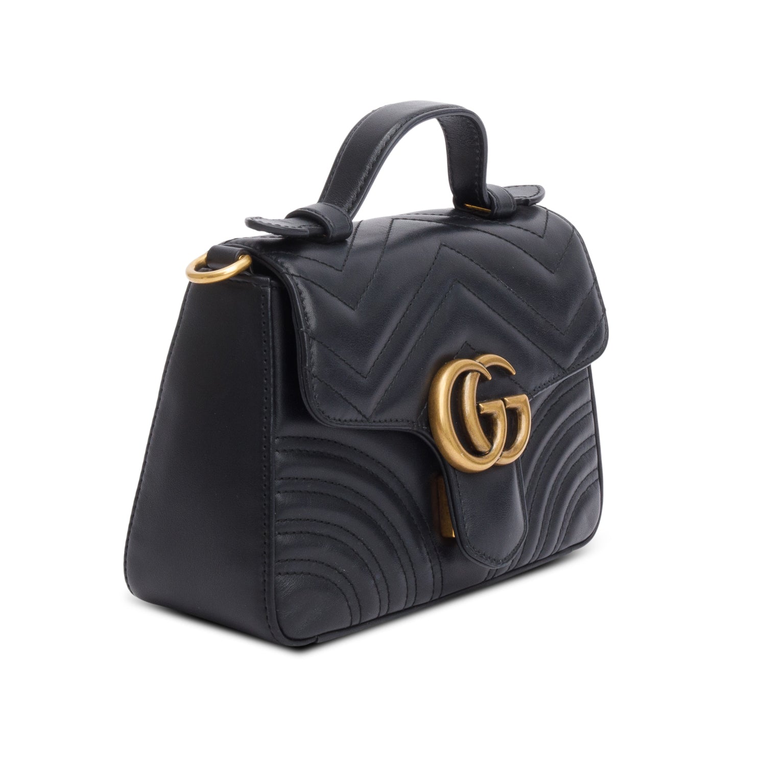 Gucci Black Calfskin Matelasse Mini GG Marmont Top Handle Shoulder Bag w/ Box & Strap