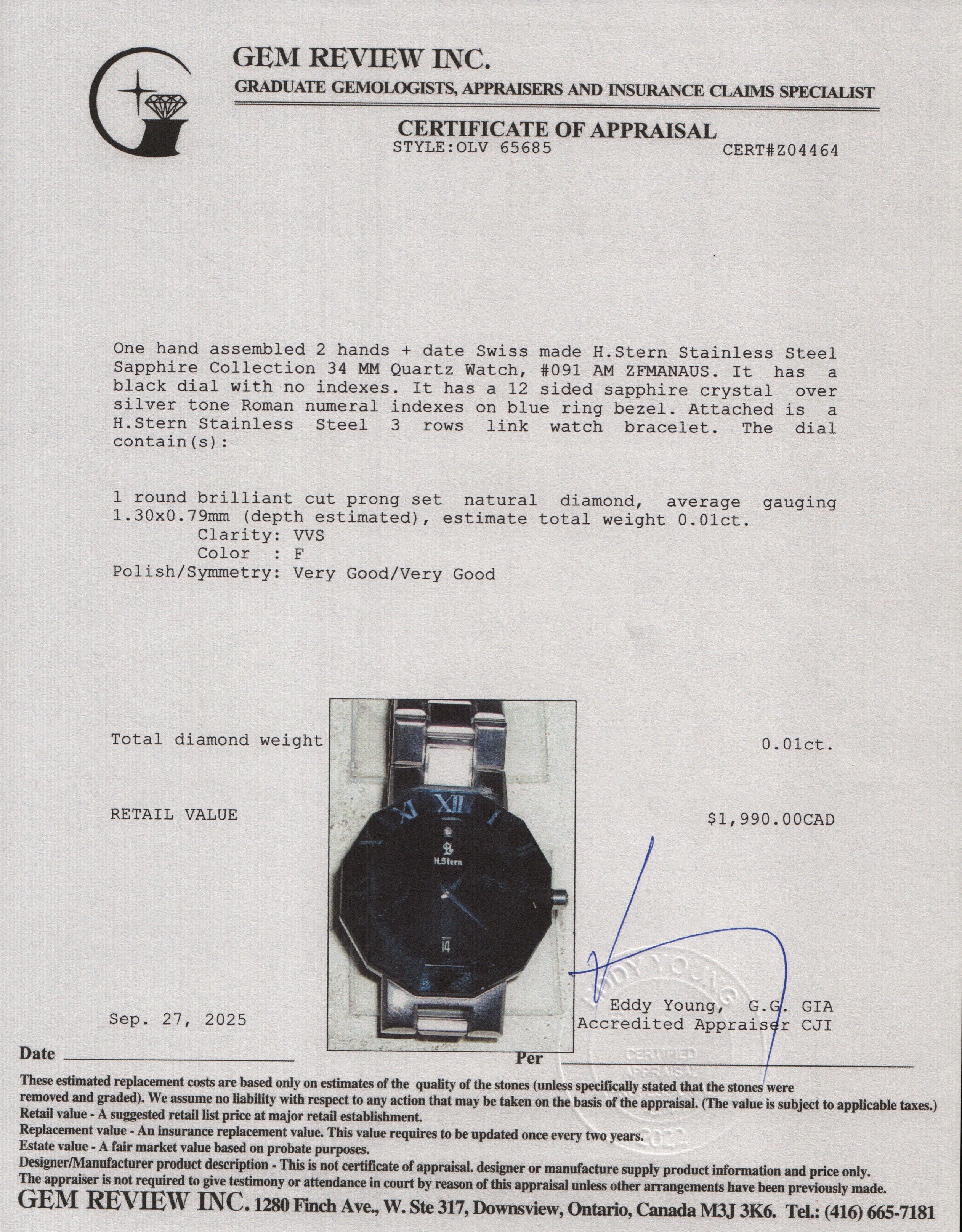 H.Stern Stainless Steel Sapphire Collection 34 MM Quartz Watch Black Diamond Dial