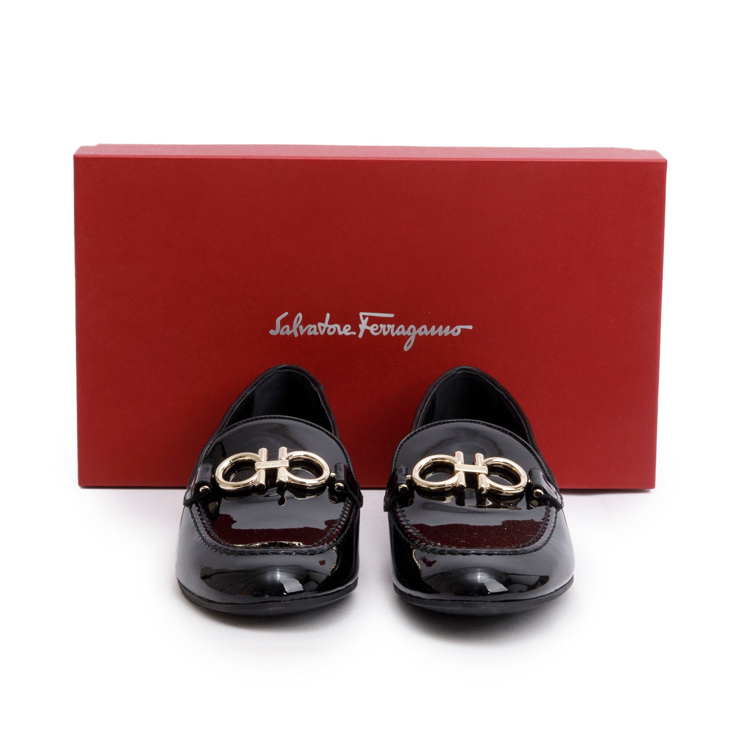 Salvatore Ferragamo Black Patent Leather Trifoglio Loafers, Size 7.5 w/ Box