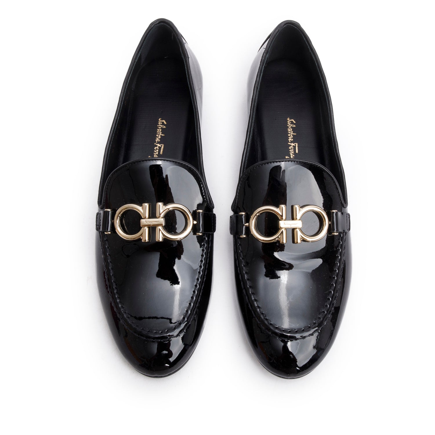 Salvatore Ferragamo Black Patent Leather Trifoglio Loafers, Size 7.5 w/ Box