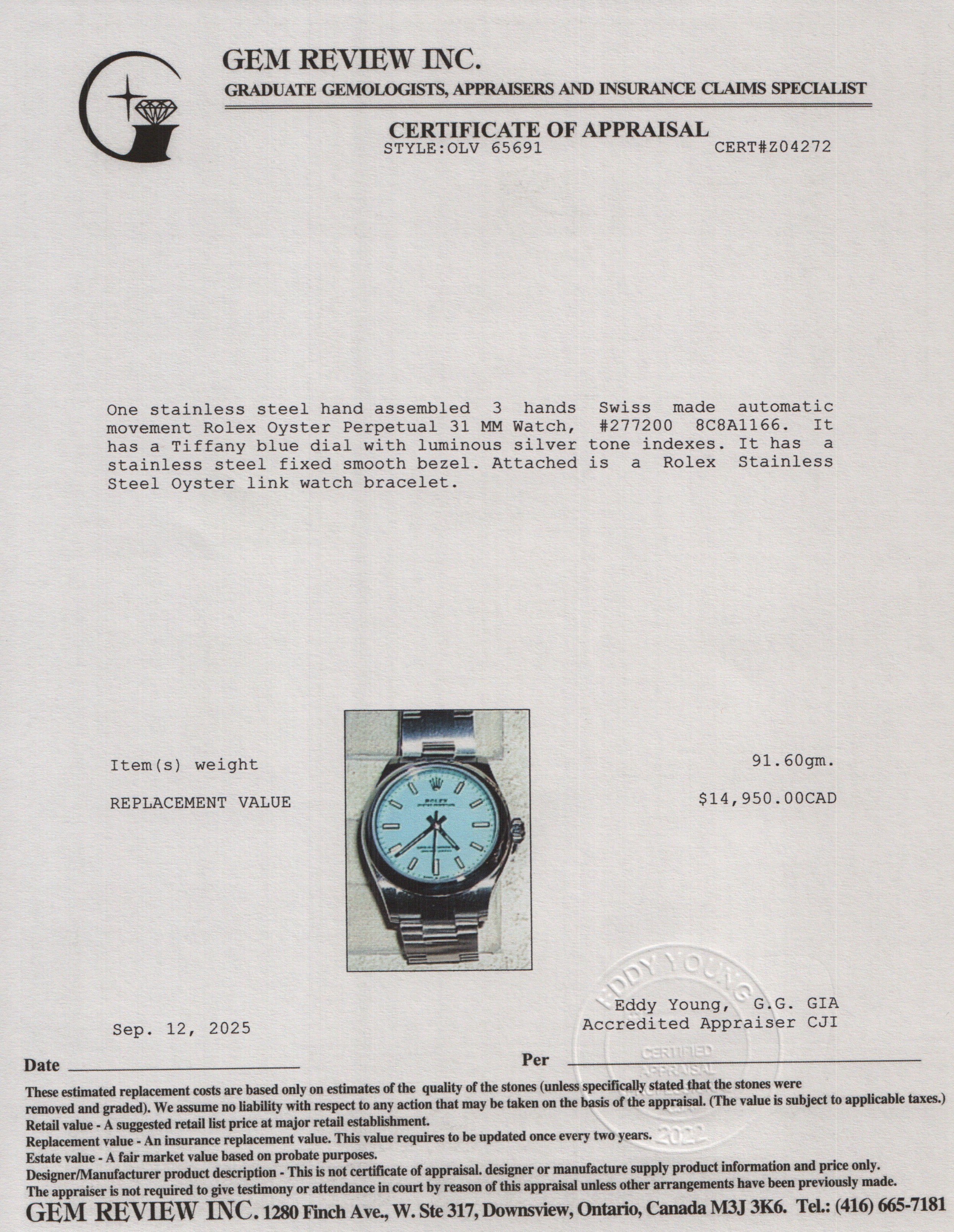 Rolex 2023 Stainless Steel Oyster Perpetual 31 MM Watch Tiffany Blue Dial 277200 w/ Box & Papers