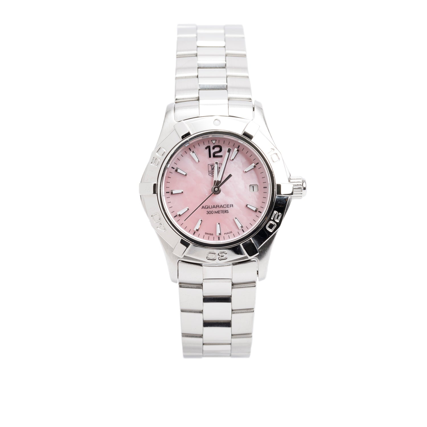 Tag Heuer Stainless Steel Aquaracer 27 MM Quartz Watch Pink Mother of Pearl Dial WAF1418 w/ Box & Papers