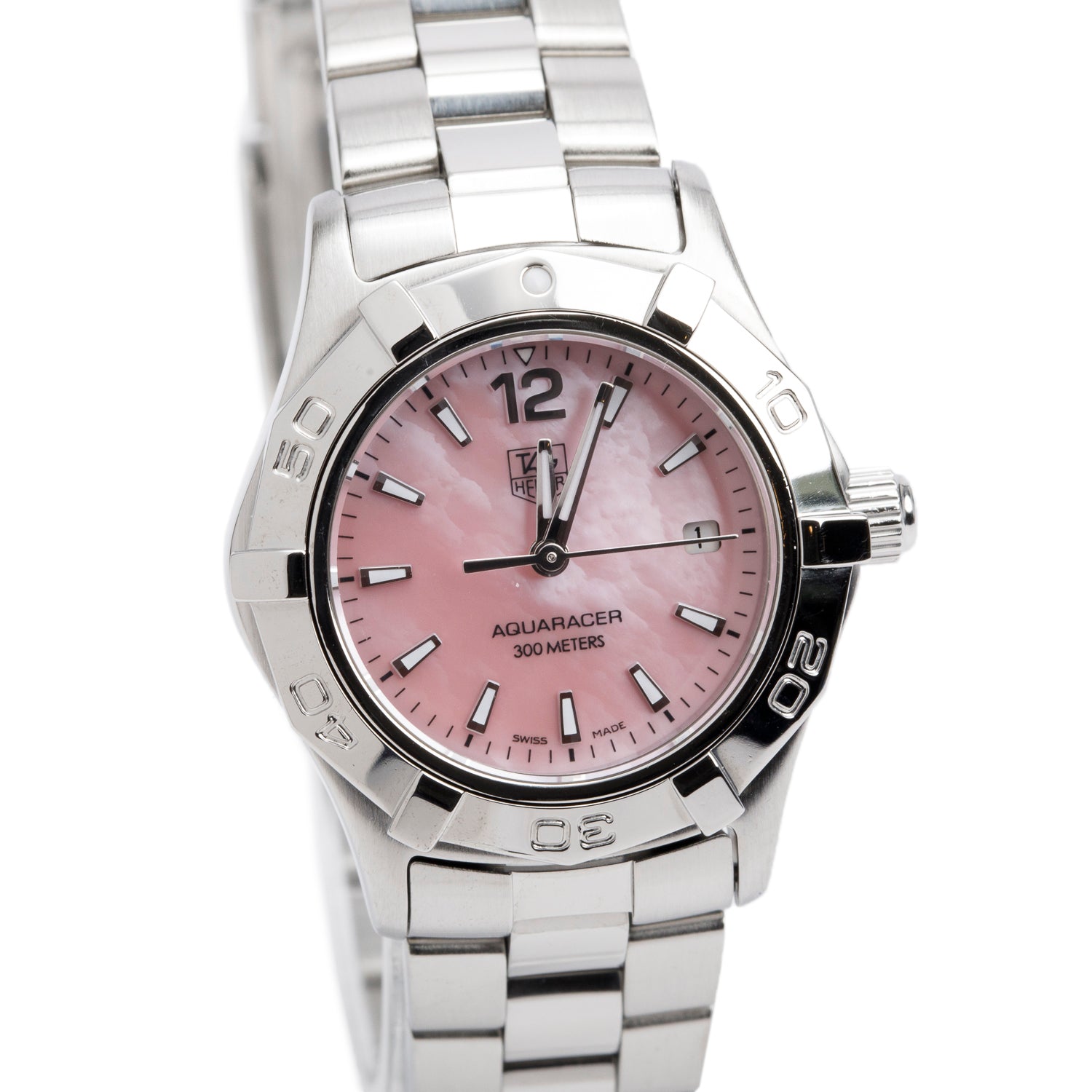 Tag Heuer Stainless Steel Aquaracer 27 MM Quartz Watch Pink Mother of Pearl Dial WAF1418 w/ Box & Papers