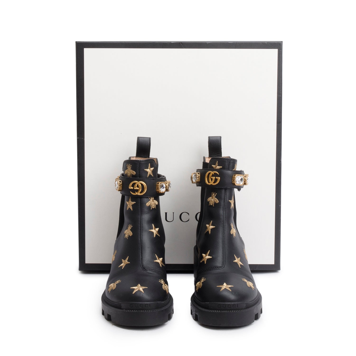 Gucci Black Calfskin Bee Star Embroidered Crystal Belt Ankle Boots, Size 36 w/ Box