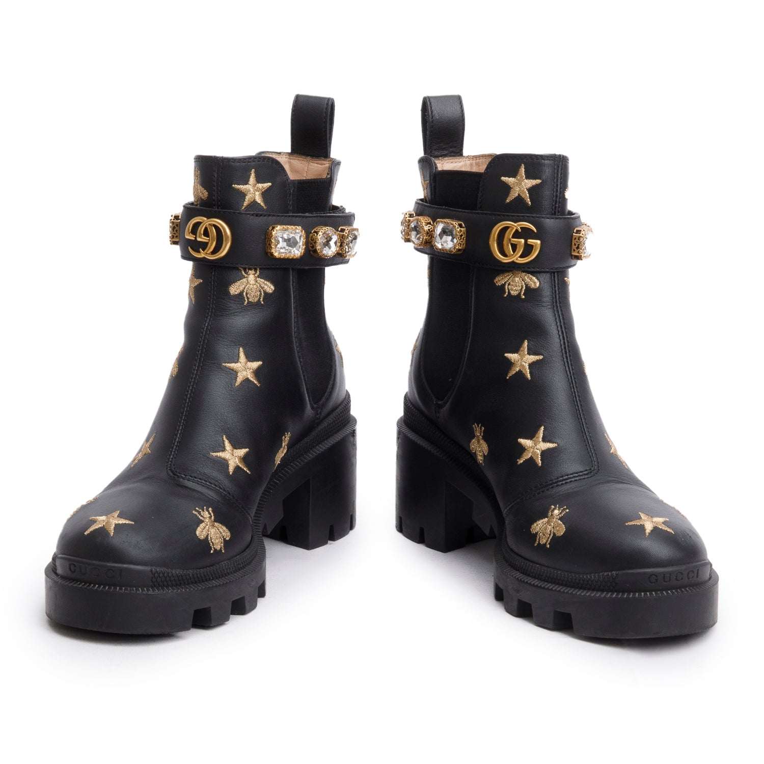 Gucci Black Calfskin Bee Star Embroidered Crystal Belt Ankle Boots, Size 36 w/ Box