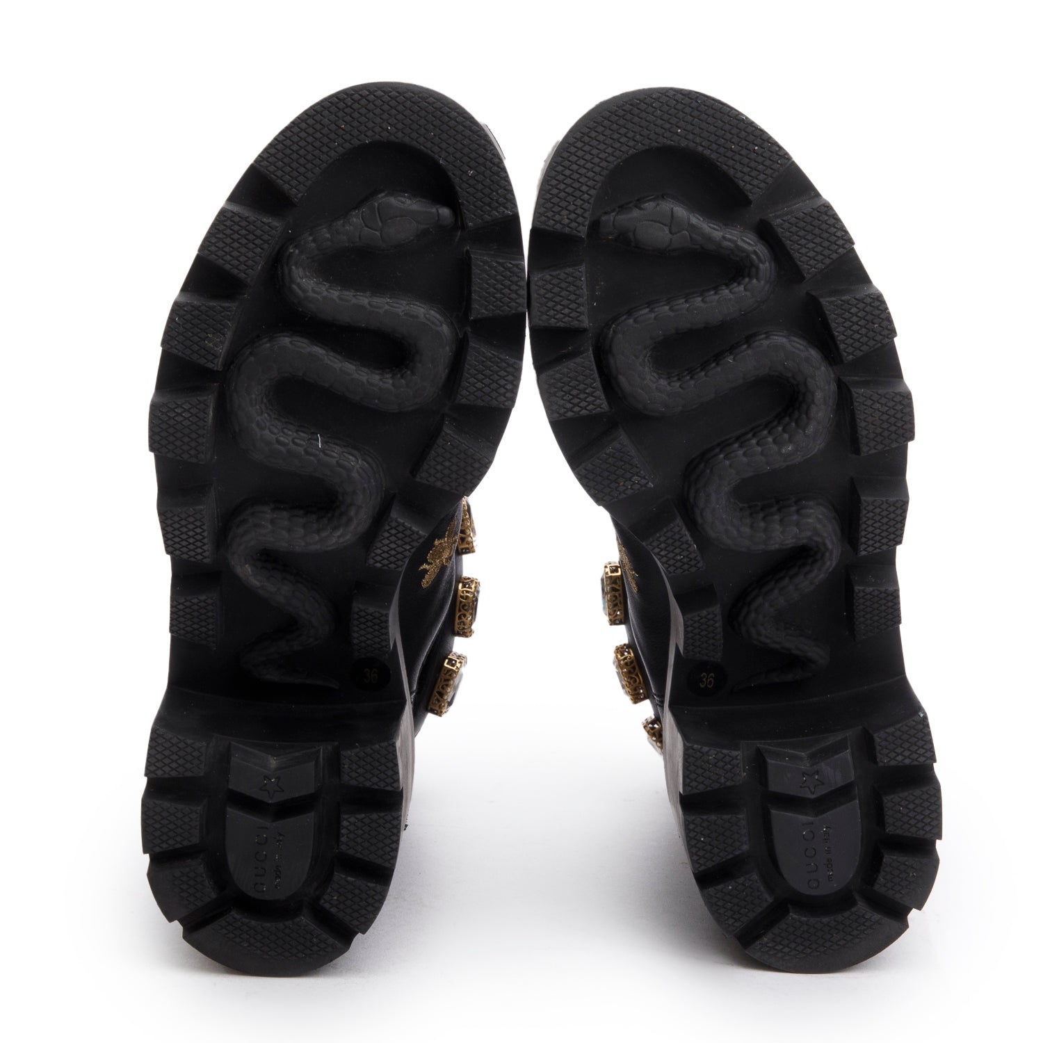 Gucci Black Calfskin Bee Star Embroidered Crystal Belt Ankle Boots