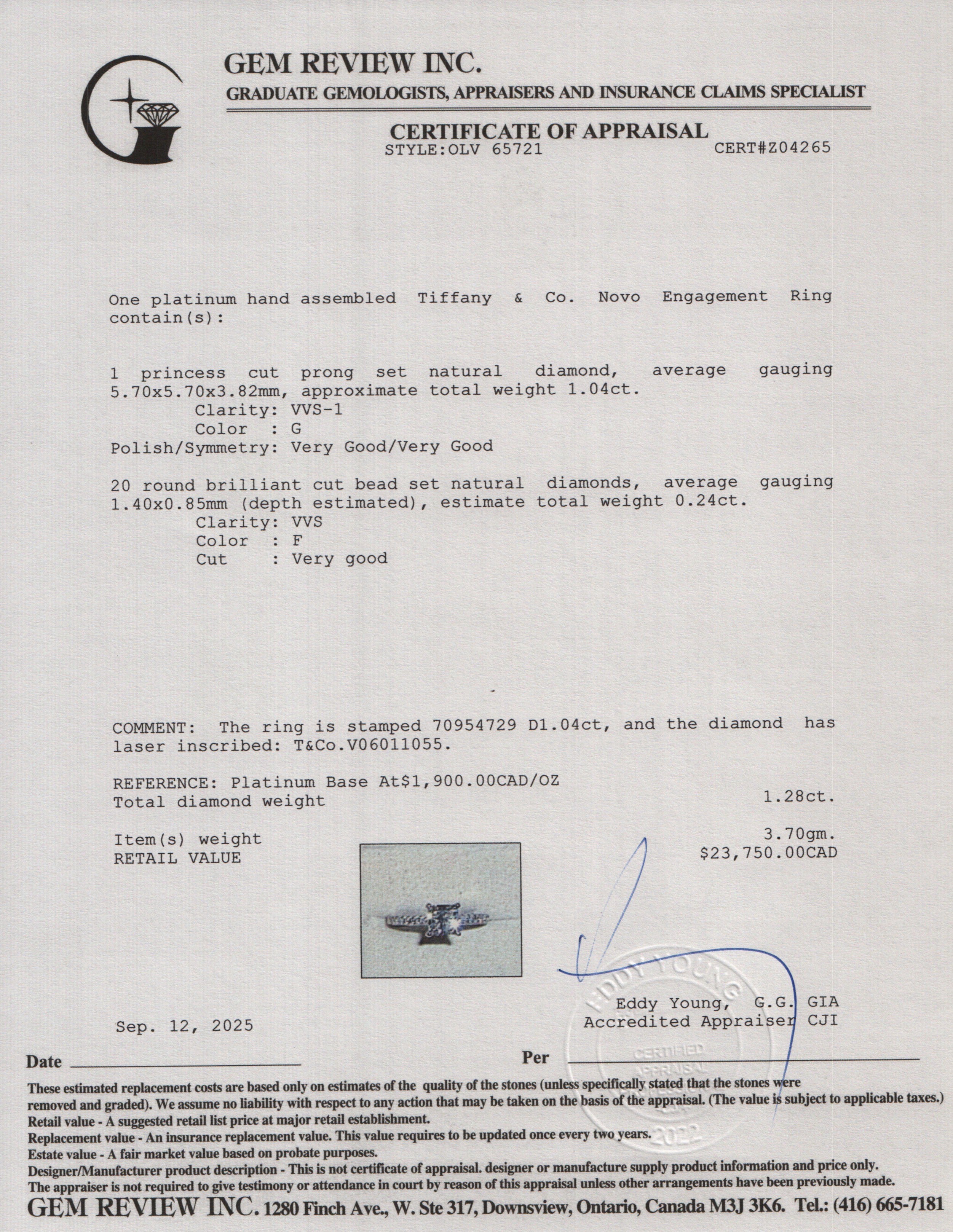 Tiffany & Co. Platinum 1.04 ct. Princess Cut Diamond Novo Engagement Ring, Size 5.5 w/ Box & Paperwork