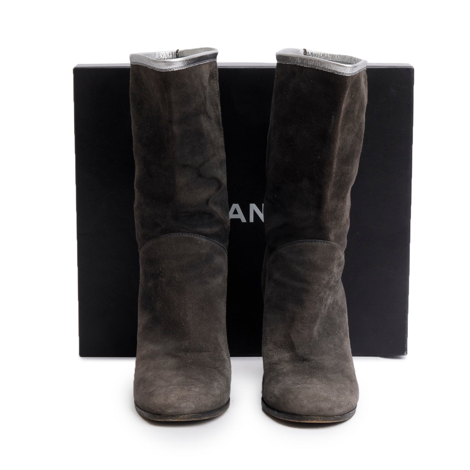 Chanel Grey Suede Interlocking CC Mid Calf Booties, Size 38 w/ Box