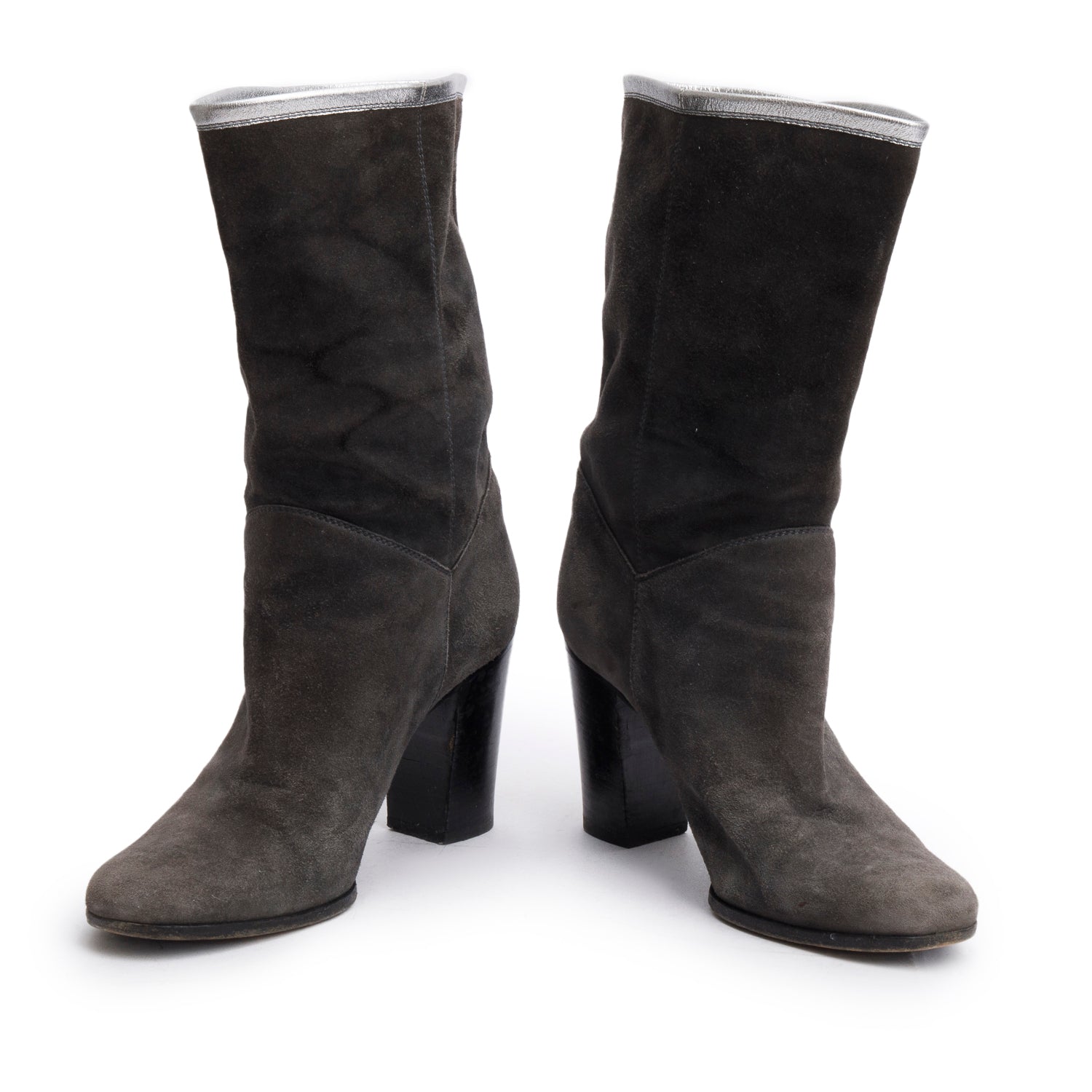 Chanel Grey Suede Interlocking CC Mid Calf Booties, Size 38 w/ Box