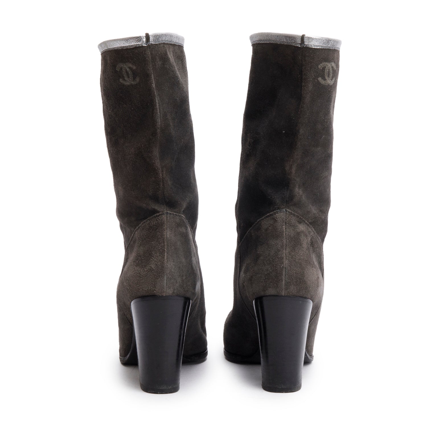 Chanel Grey Suede Interlocking CC Mid Calf Booties, Size 38 w/ Box