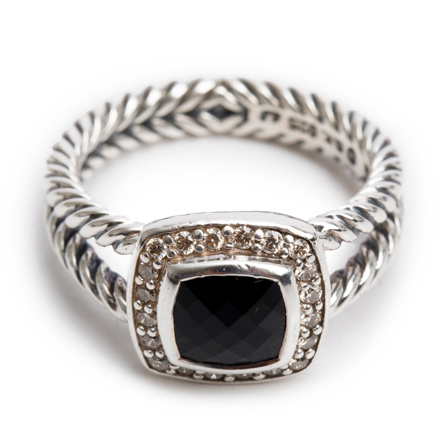 David Yurman Sterling Silver Petite Albion Ring with Black Onyx & Diamonds, Size 7