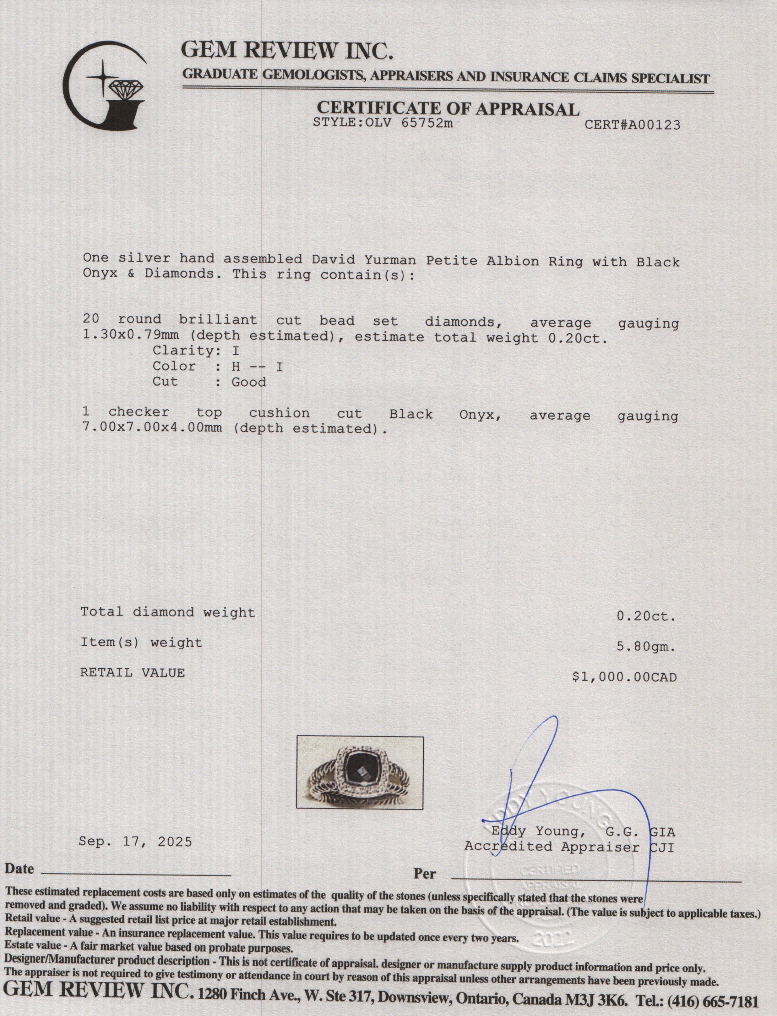 David Yurman Sterling Silver Petite Albion Ring with Black Onyx & Diamonds, Size 7