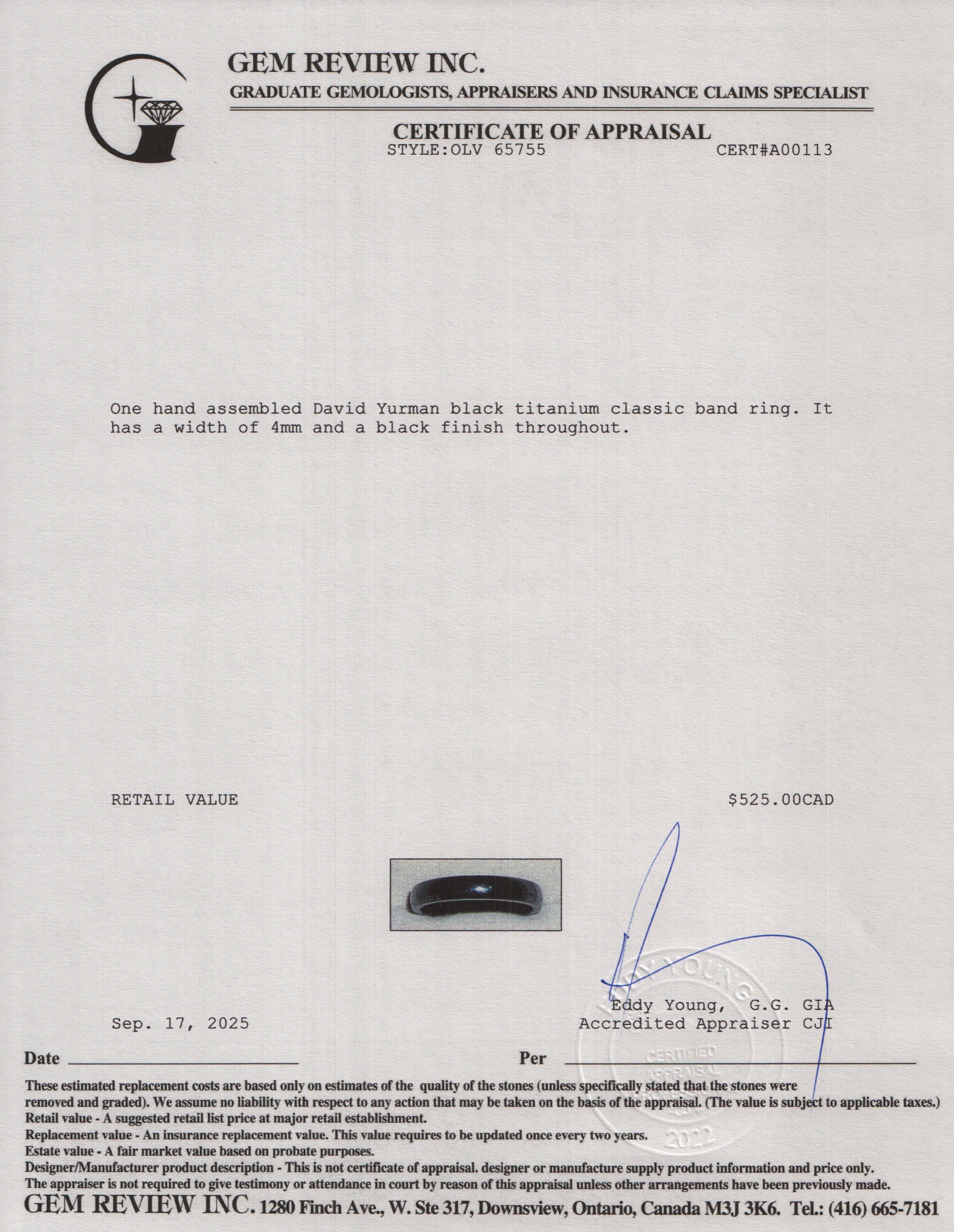 David Yurman Black Titanium 4 MM Classic Band Ring, Size 9.75