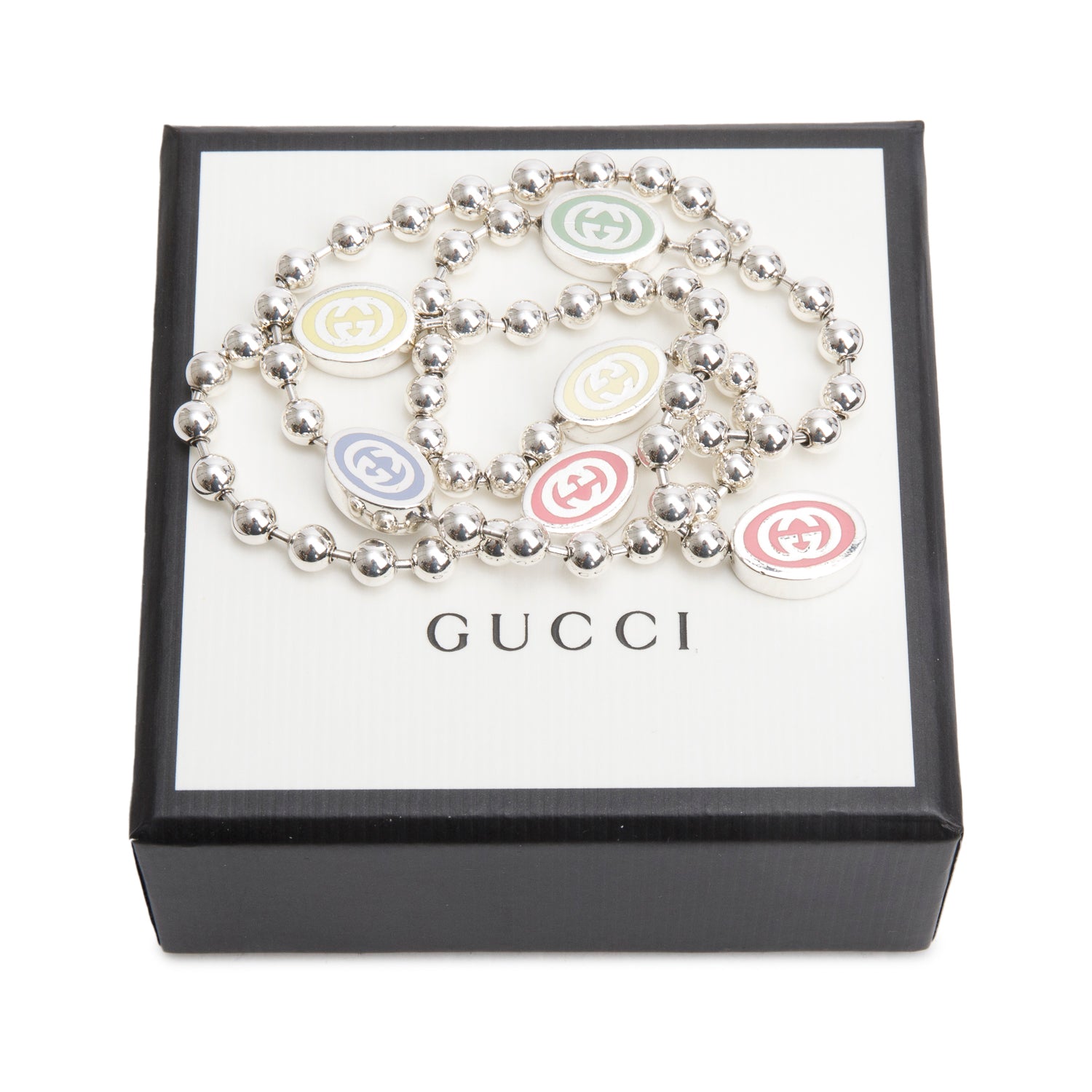 Gucci Sterling Silver Multicolour Enamel Interlocking G Boule Chain Necklace w/ Box
