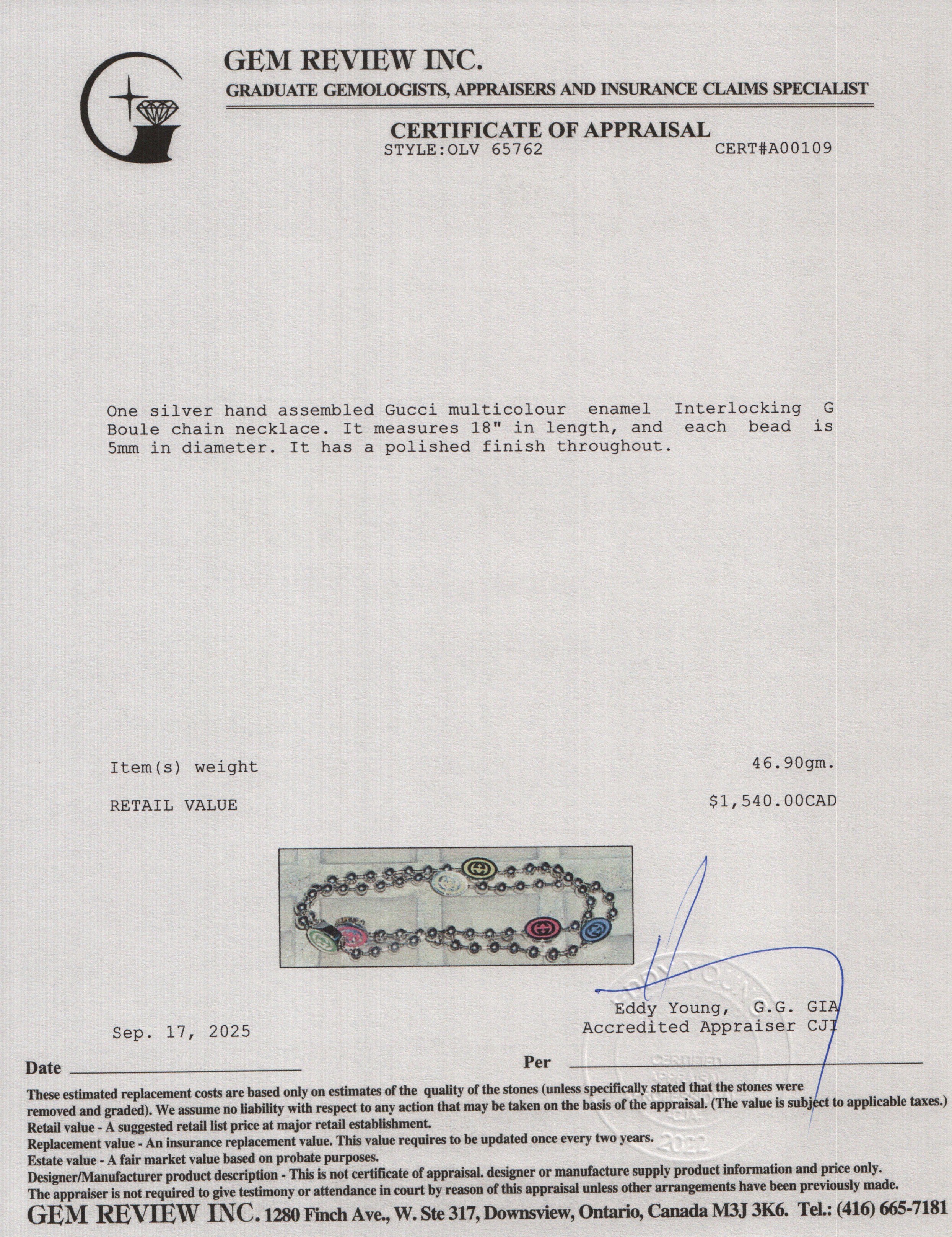 Gucci Sterling Silver Multicolour Enamel Interlocking G Boule Chain Necklace w/ Box