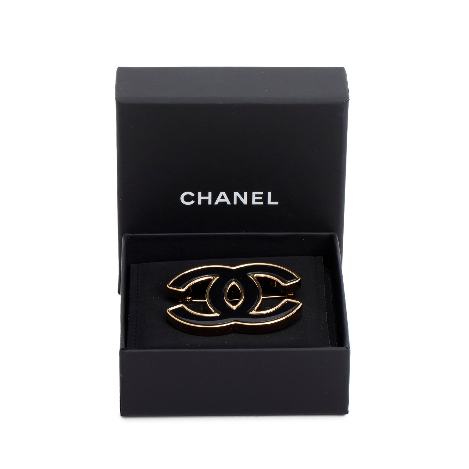 Chanel 2024 Gold Plated Black Enamel CC Brooch w/ Box