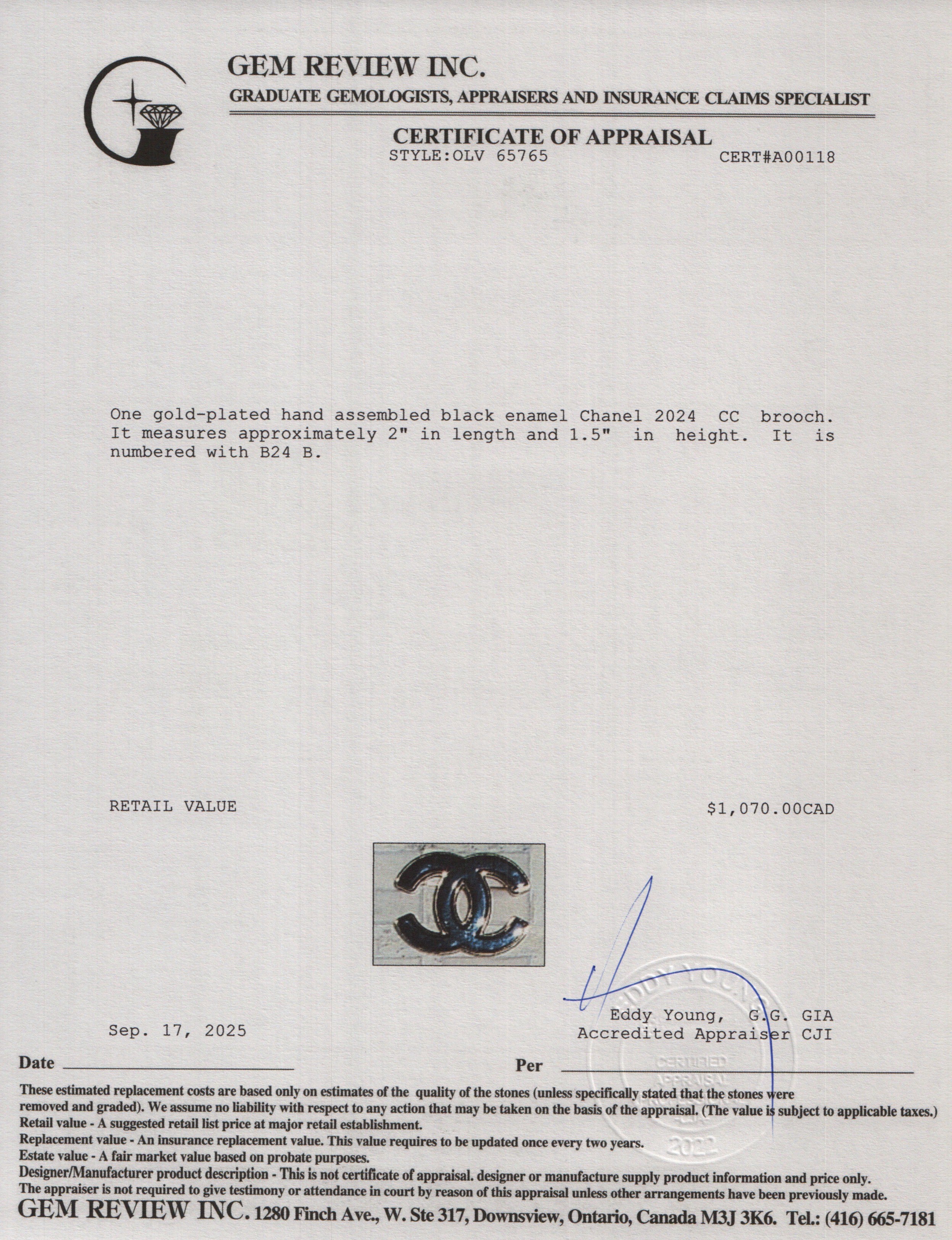 Chanel 2024 Gold Plated Black Enamel CC Brooch w/ Box