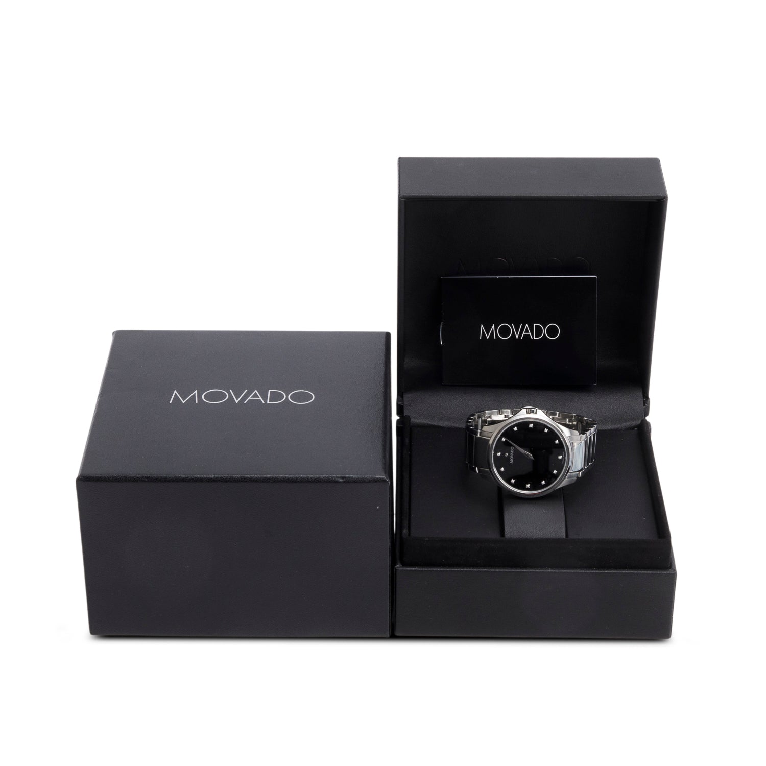 Movado Stainless Steel Masino 40 MM Quartz Watch Black Diamond Dial w/ Box
